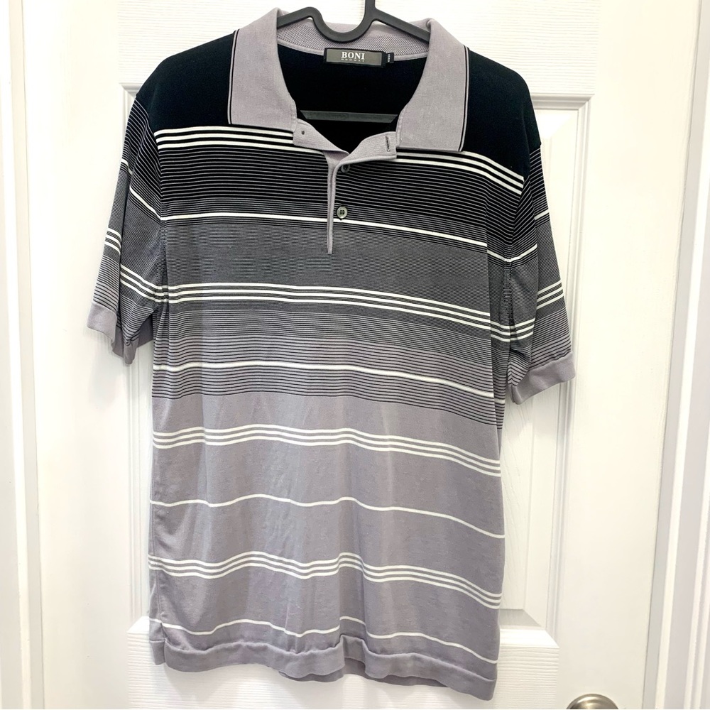 Boni Grey Gradient Stripe Short-Sleeve Silk-blended Polo Shirt Mens LIKE NEW